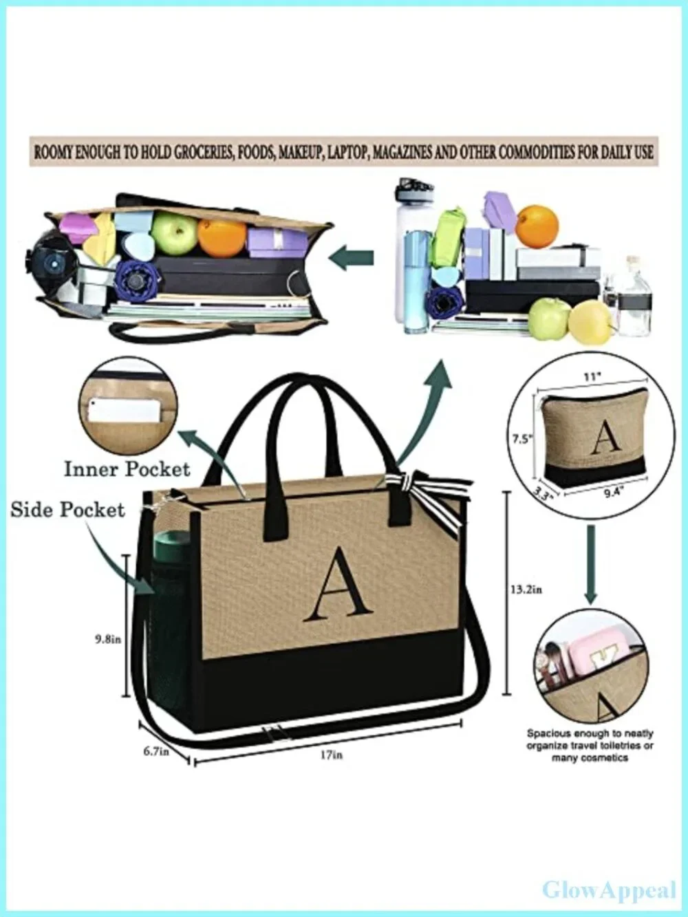 Personalized Initial Jute Tote Bag with Makeup Pouch, Monogram Gift for Women